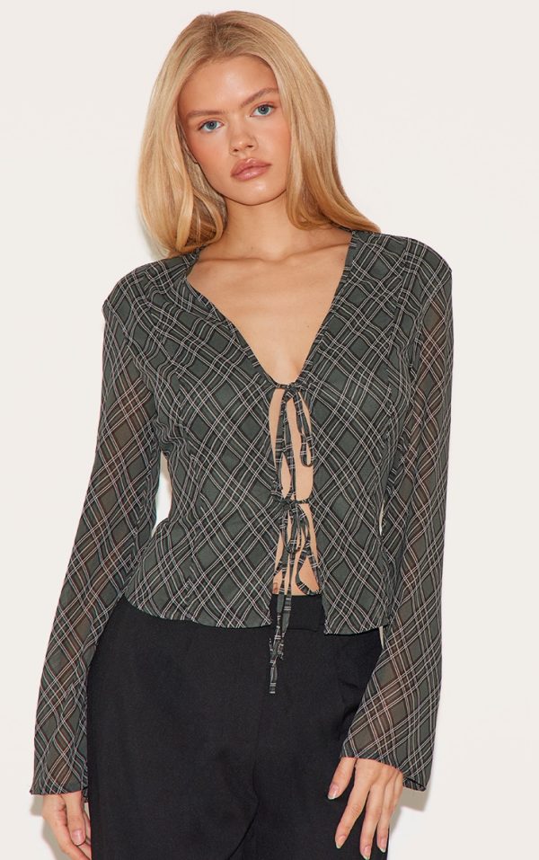 Green Check Chiffon Tie Front Blouse