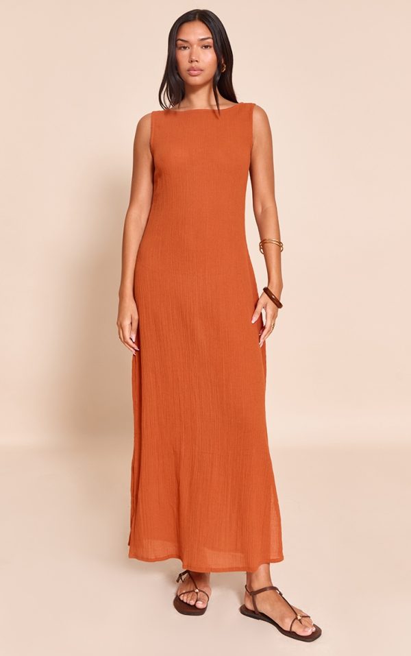 Burnt Orange Cheesecloth Sleeveless Maxi Dress