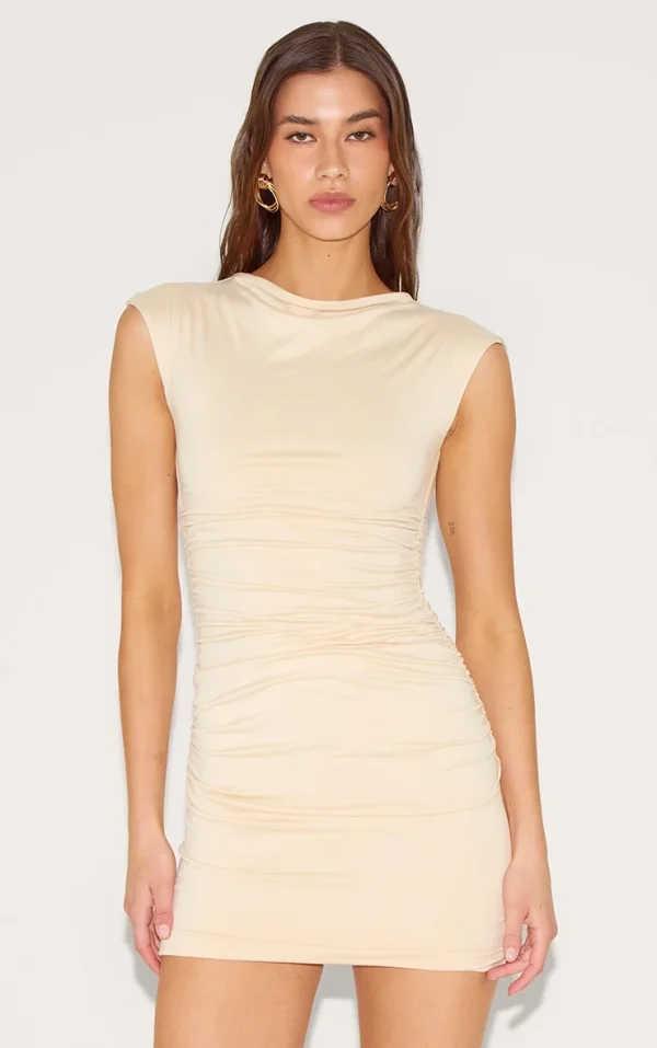Almond Double Contour Boat Neck Ruched Bodycon Dress