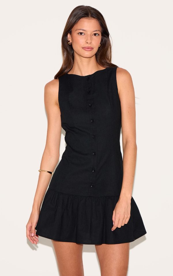 Black Button Down Boat Neck Shift Dress