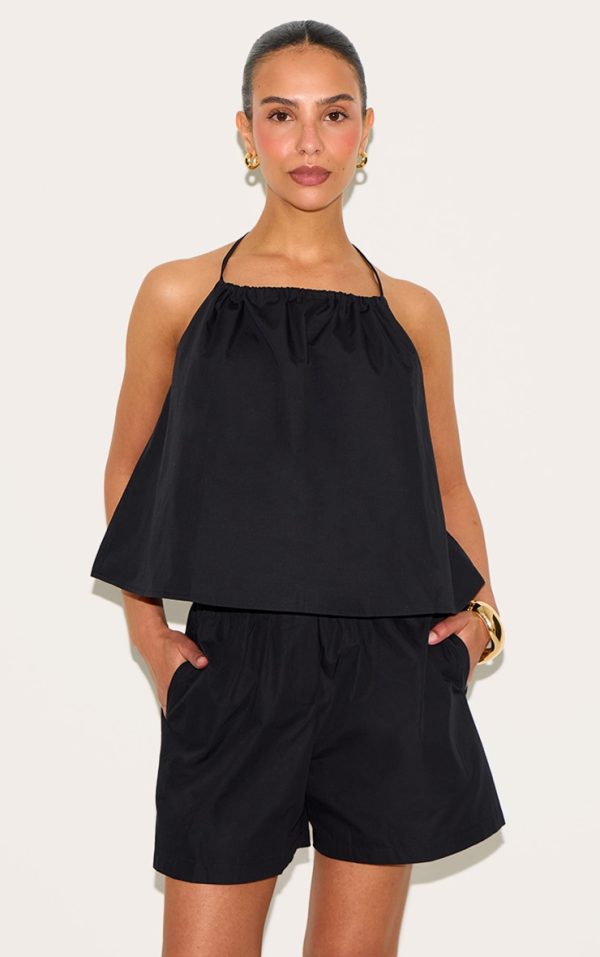 Petite Black Poplin Low Back Halterneck Top
