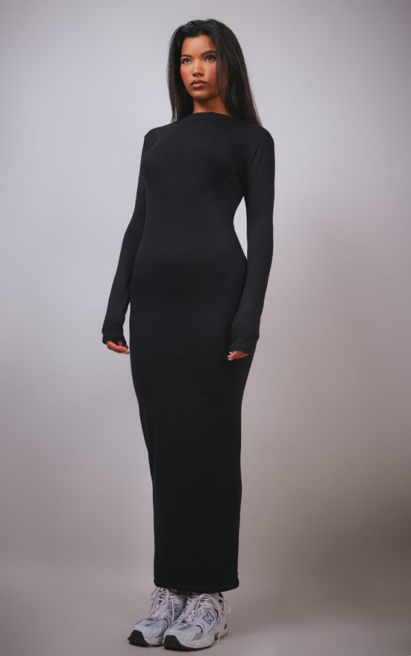 Black High Neck Boat Neck Split Maxi Dress