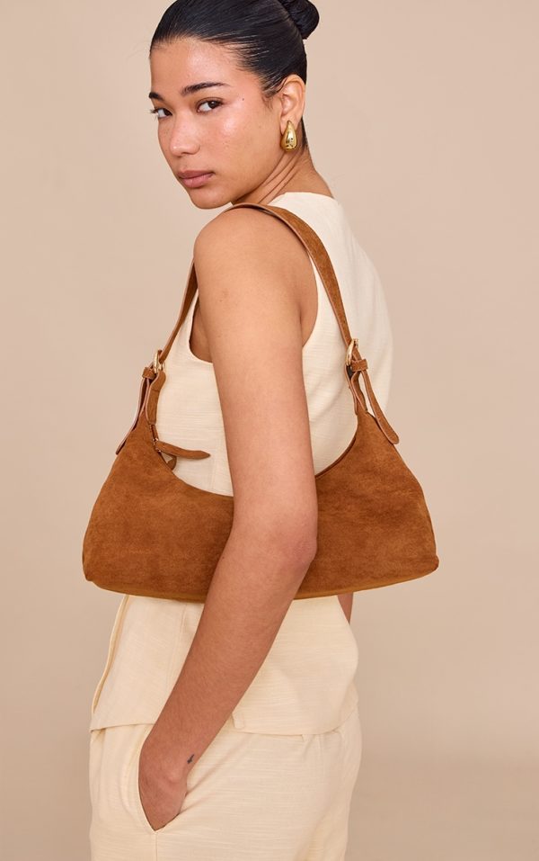 Tan Suede Elongated Curved Shoulder Bag