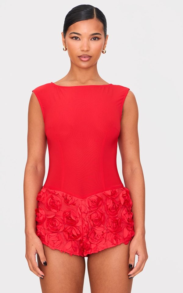 Red Woven Rose Applique Boat Neck Romper
