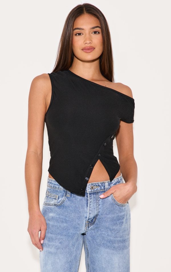 Black Asymmetric Soft Touch Button Detail Long Top