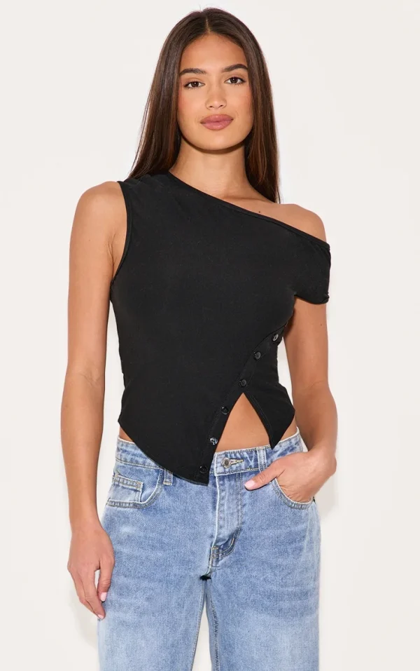 Black Asymmetric Soft Touch Button Detail Long Top