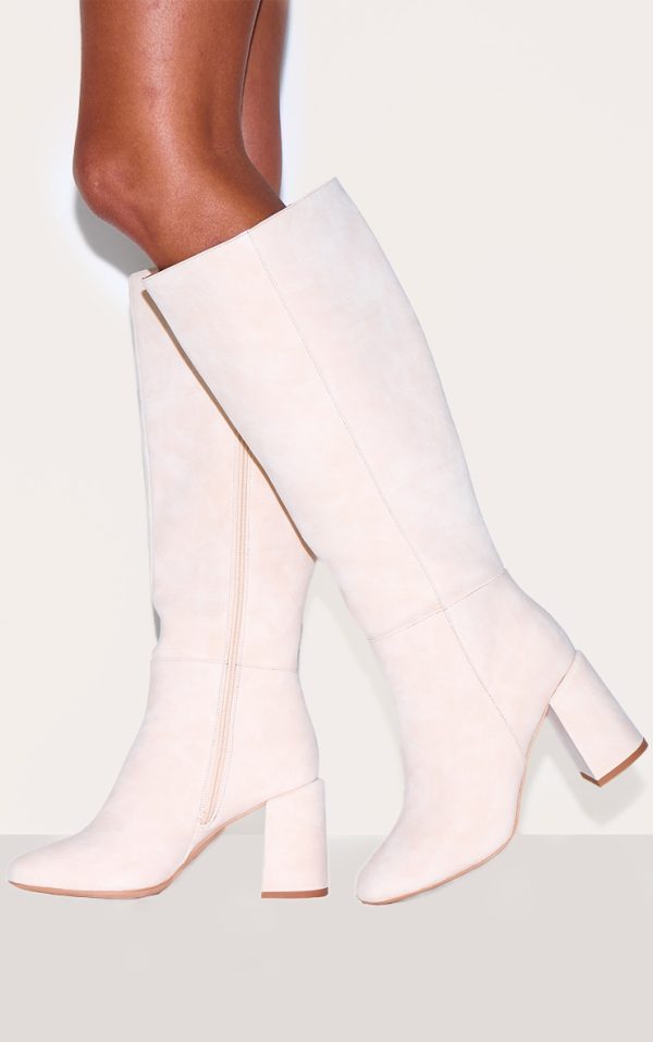 Stone Nubuck Wide Fit Round Toe Block Heel Knee High Boots