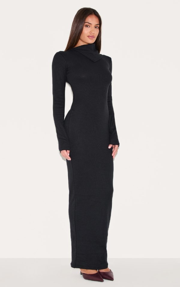Black Rib Oversized Collar Maxi Dress