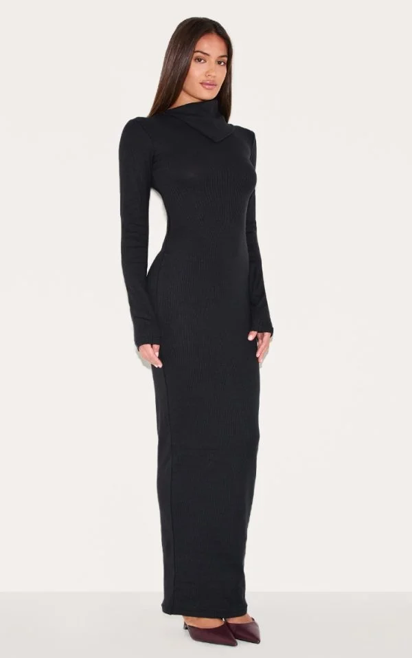 Black Rib Oversized Collar Maxi Dress