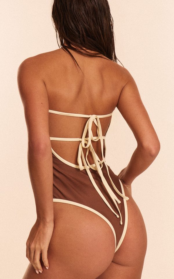 Chocolate Contrast Binding Tie Back Swimsuit