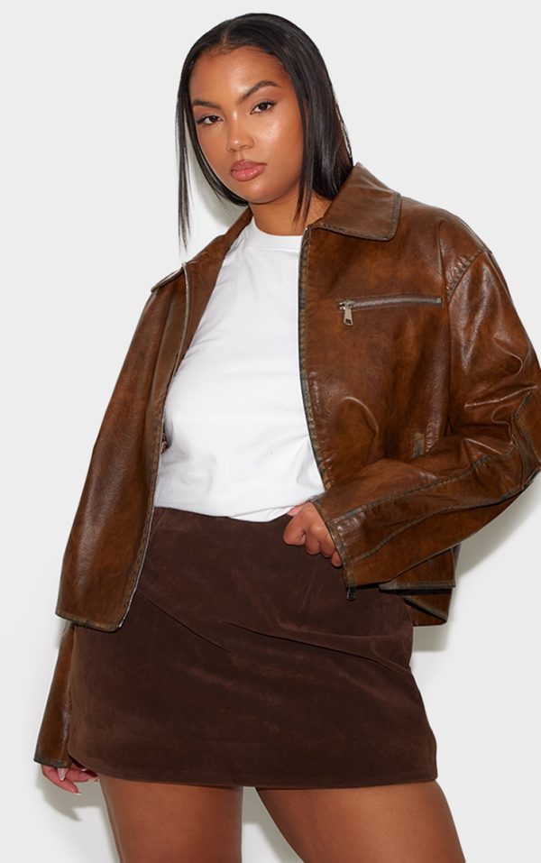 Plus Brown Zip Up Faux Leather Jacket