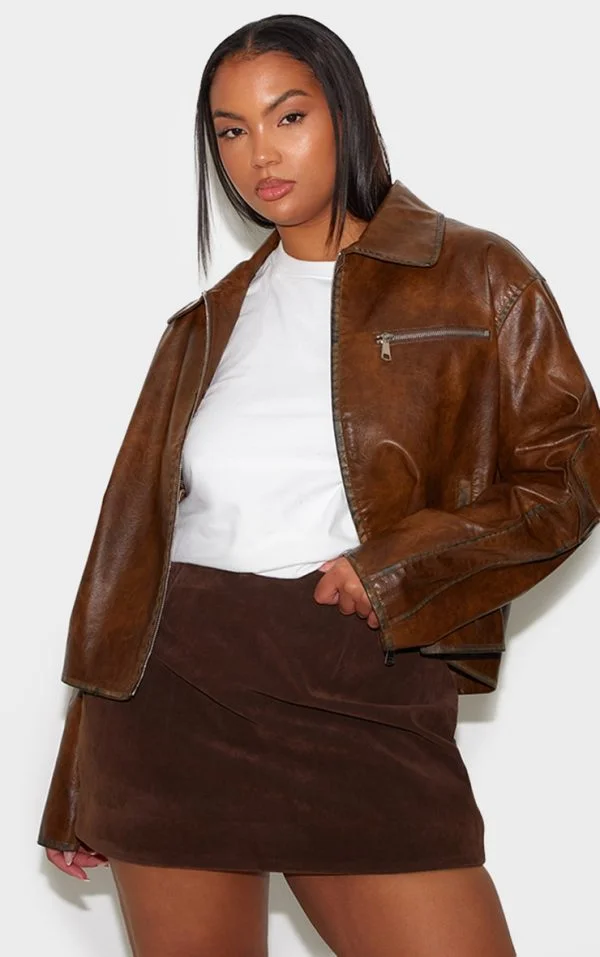 Plus Brown Zip Up Faux Leather Jacket