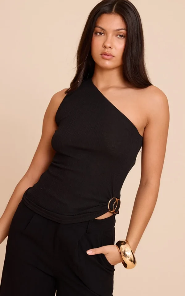 Black Ribbed Onion Skin Trim Detail One Shoulder Top