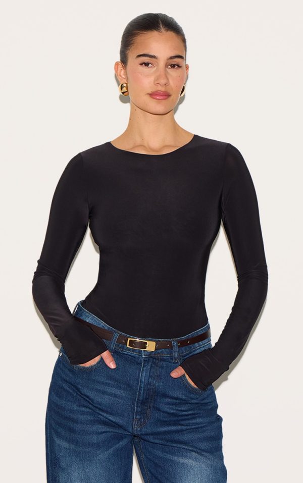 Black Basic Slinky Long Sleeve Bodysuit