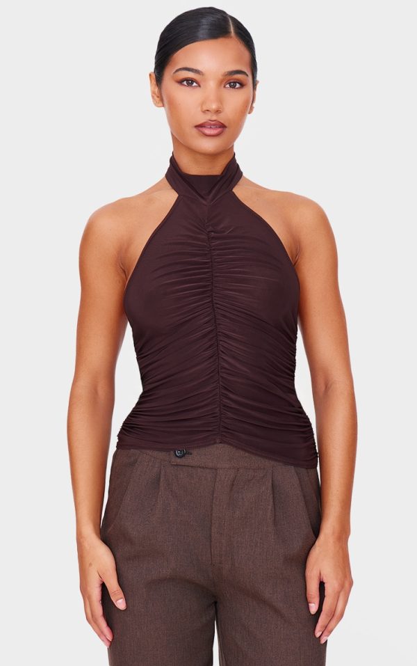 Chocolate Slinky Ruched High Neck Long Top