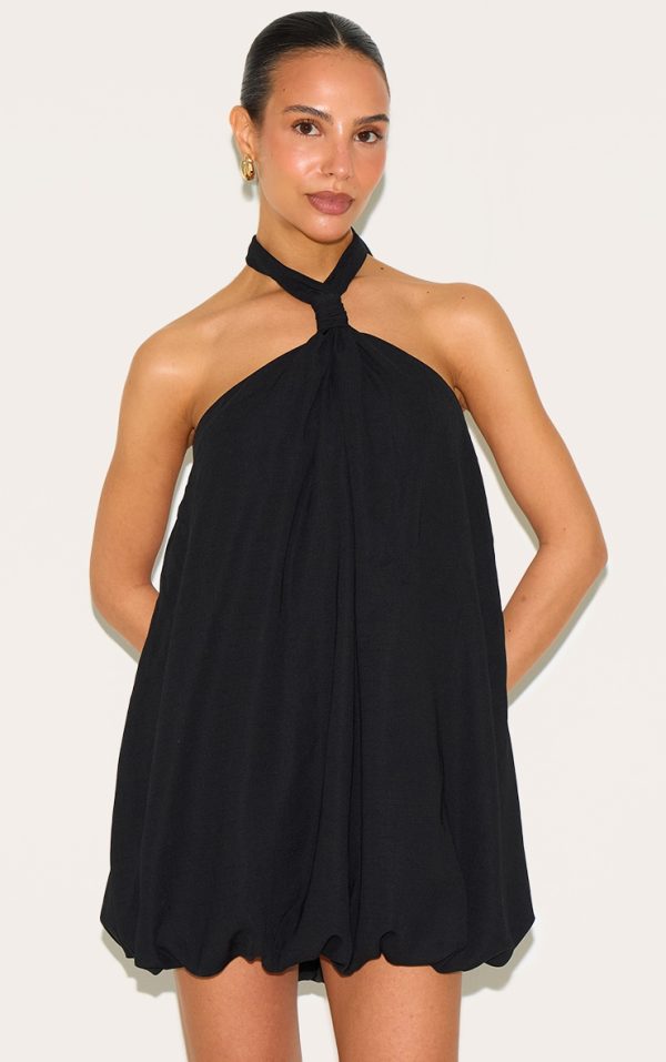 Petite Black Puffball Halter Neck Mini Dress