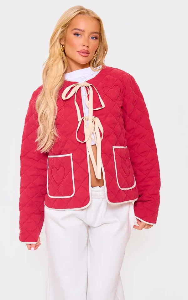Red Quilted Stitch Detail Lightweight Jacket