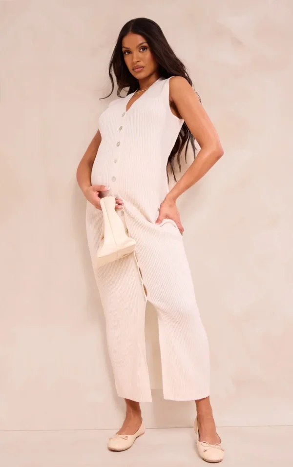 Maternity Cream Knit Sleeveless Button Up Maxi Dress