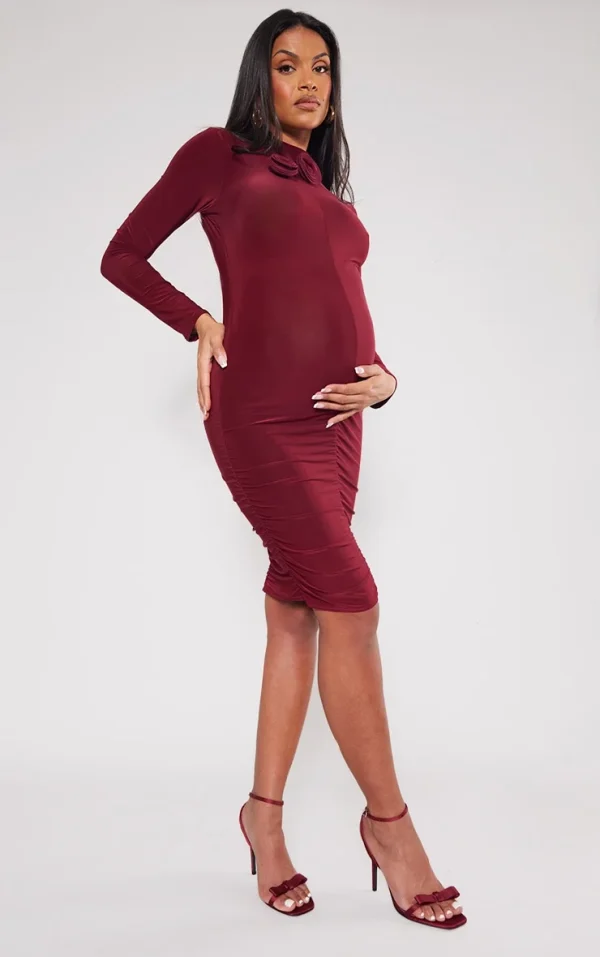 Maternity Burgundy Slinky Flower Detail Mini Dress
