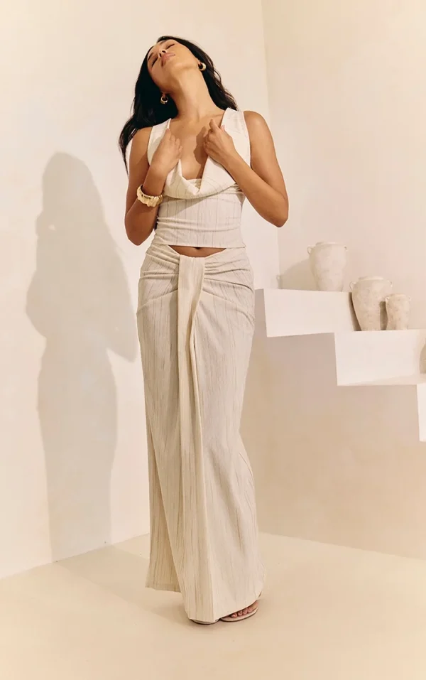 Sand Lightweight Corduroy Knot Detail Maxi Skirt
