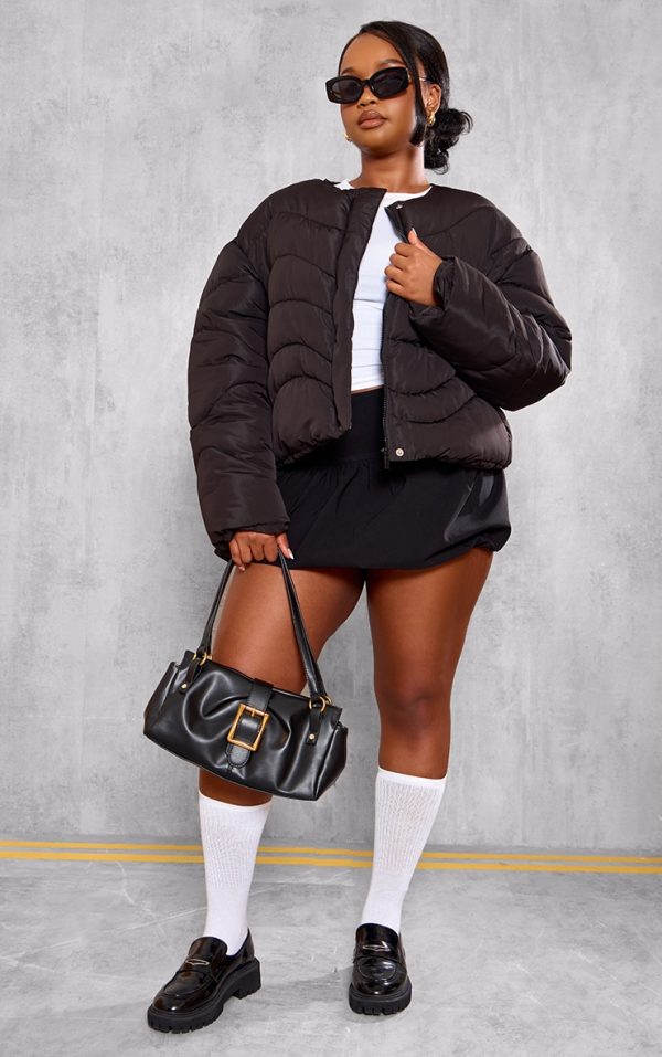 Plus Black Cropped Round Neck Puffer Jacket