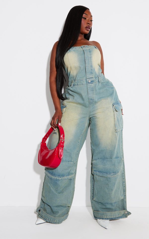 Plus Vintage Bleach Wash Bandeau Pocket Detail Denim Jumpsuit