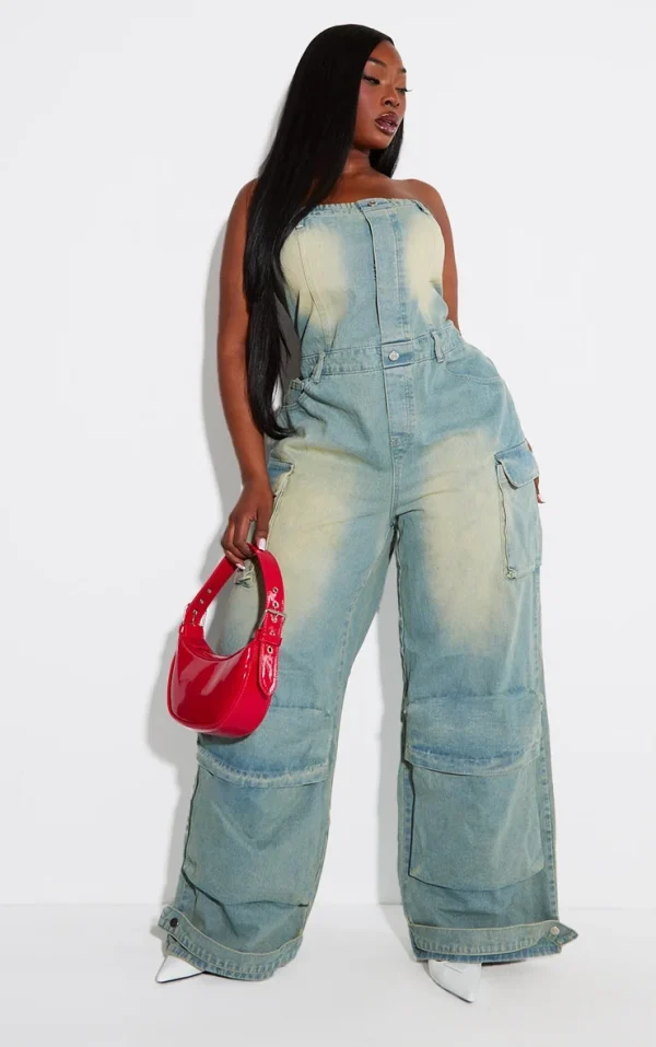 Plus Vintage Bleach Wash Bandeau Pocket Detail Denim Jumpsuit