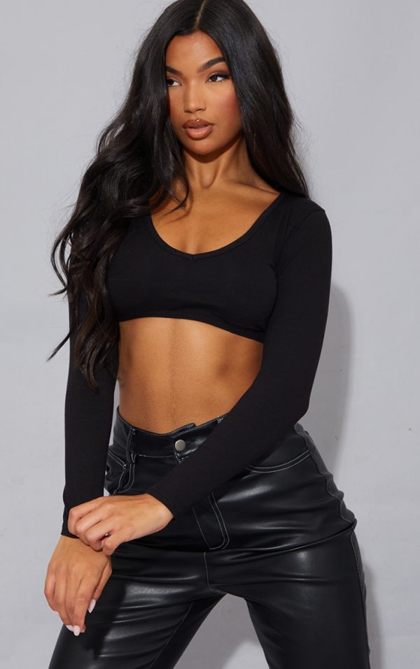 Basic Black Cotton Blend Long Sleeve Deep V Crop Top