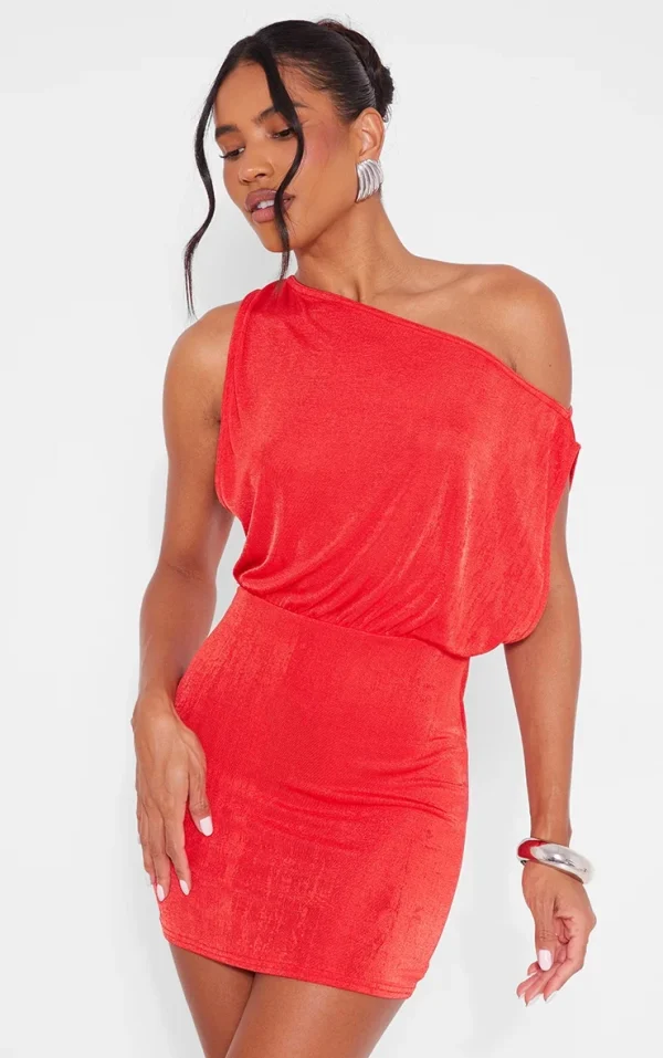 Tomato Red Slinky Acetate Draped Side Bodycon Dress