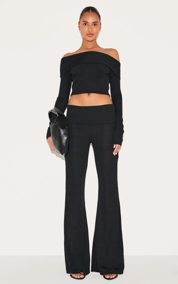 Black Rib Low Rise Foldover Flared Pants