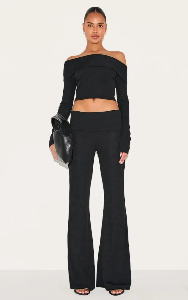 Black Rib Low Rise Foldover Flared Pants