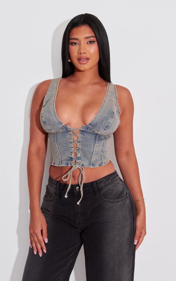 Shape Vintage Wash Denim Lace Up Corset Top