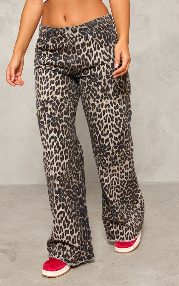 Petite Brown Leopard Print Denim Wide Leg Jeans