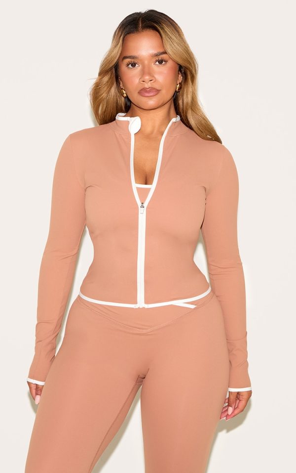 Shape Mocha Active Contrast Binding Zip Up Jacket