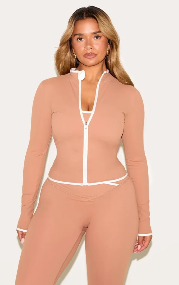 Shape Mocha Active Contrast Binding Zip Up Jacket