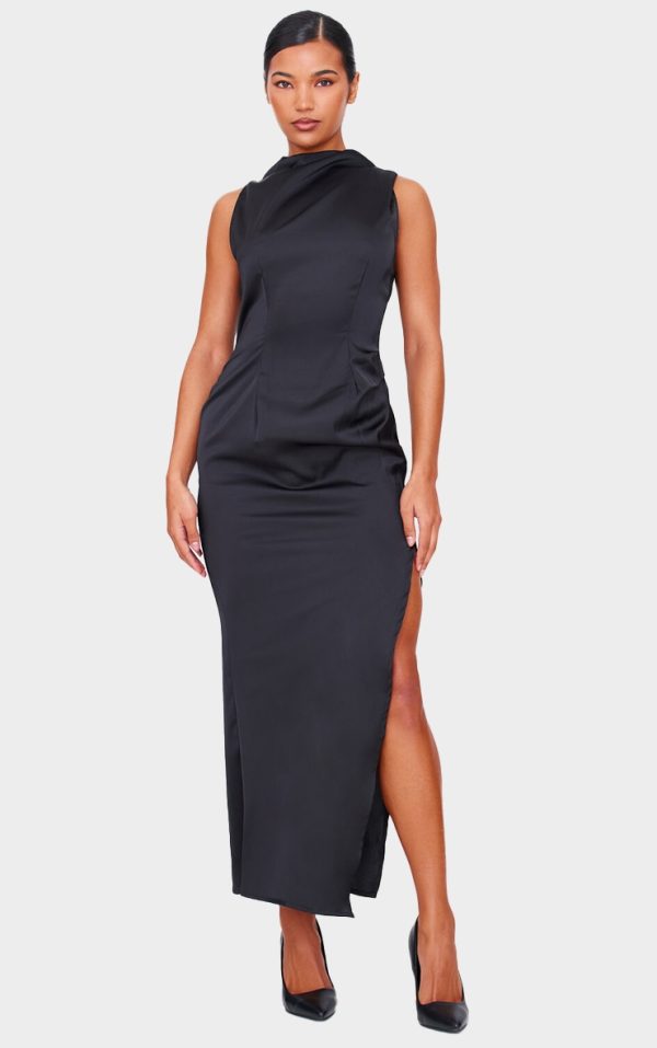 Black Satin High Neck Ruched Back Detail Midi Dress
