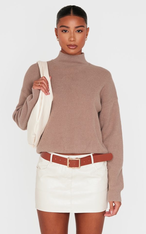 Light Mocha Soft Knit High Neck Oversized Sweater