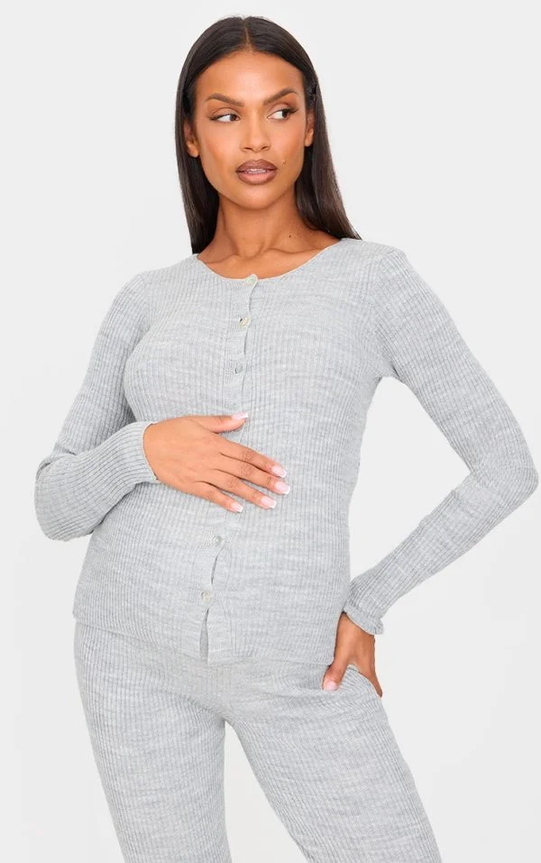 Maternity Grey Button Up Long Sleeve Rib Knit Top