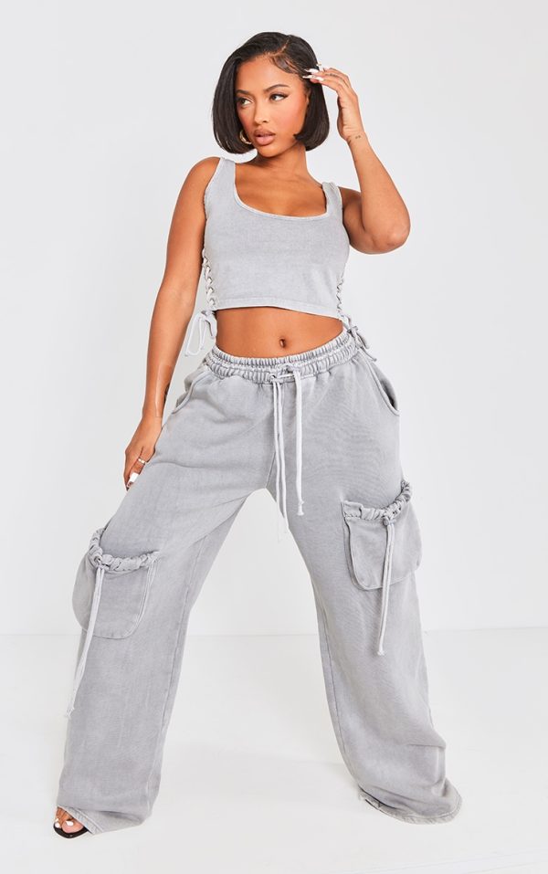 Shape Light Grey Washed Double Waistband Pocket Detail Wide Leg Sweatpants