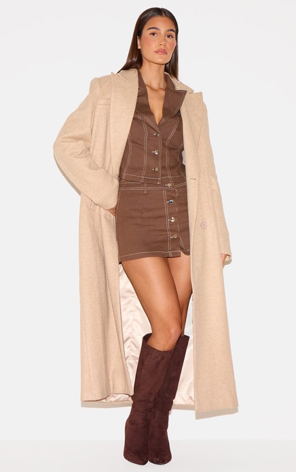 Chocolate  Twill Contrast Stitch Button Down Micro Mini Skirt