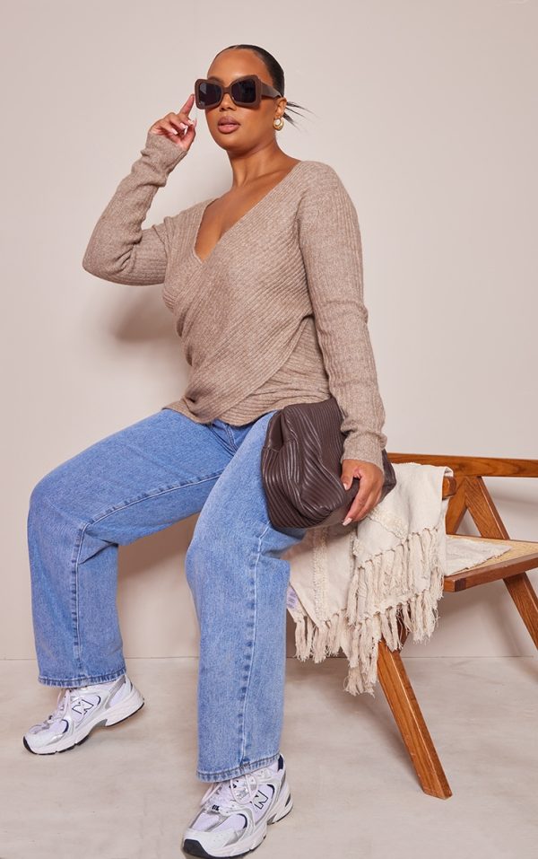 Plus Taupe Soft Knit Wrap Sweater