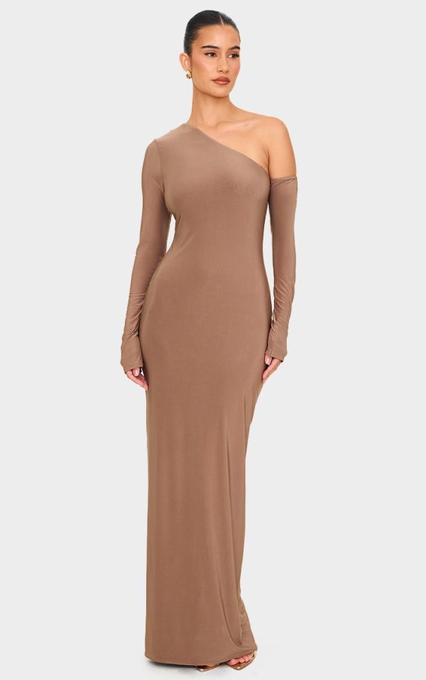 Mushroom Double Slinky Asymmetric Neck Long Sleeve Maxi Dress