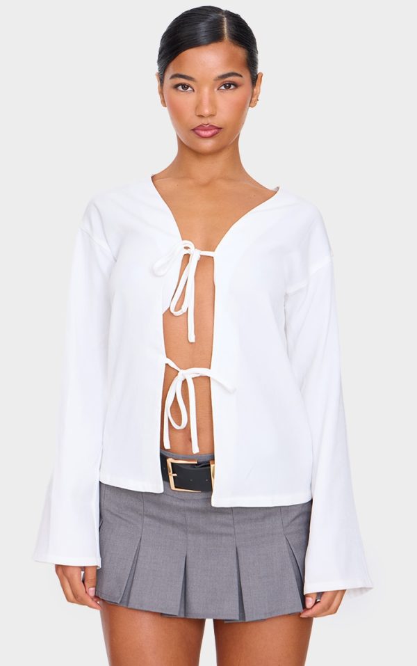 White Woven Tie Front Flared Sleeve Shirt