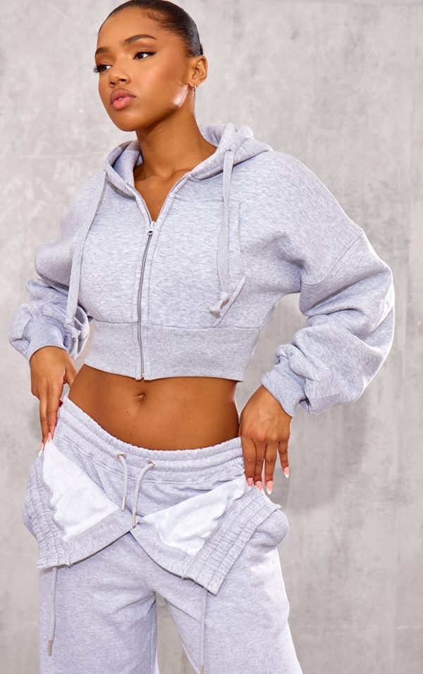 Grey Zip Up Pocket Detail Cropped Hoodie