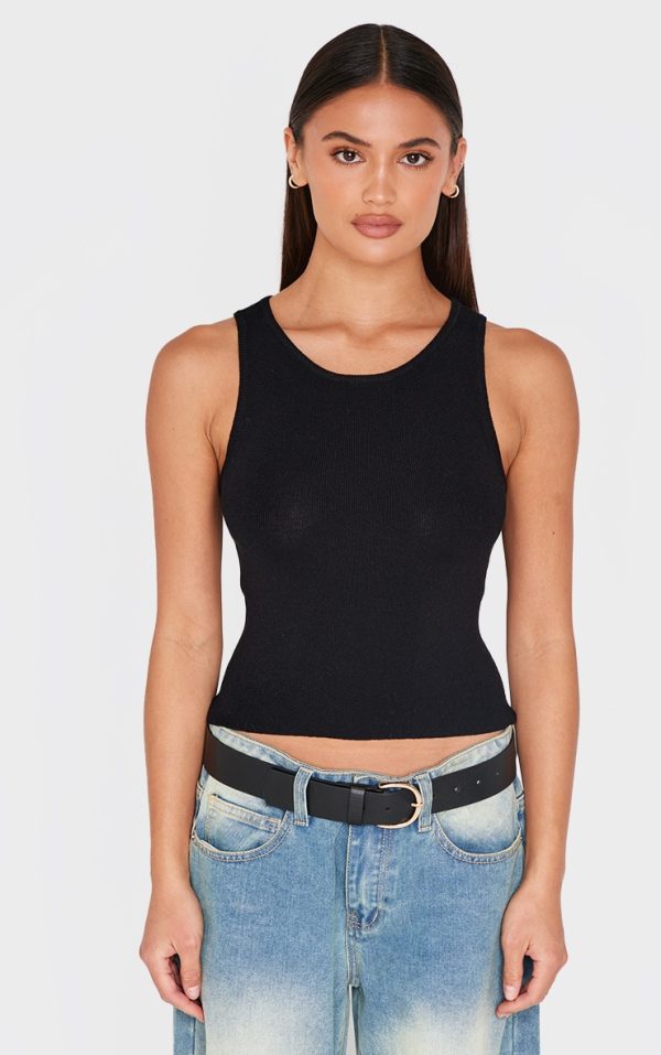 Black Fine Knit  Racer Neck Top