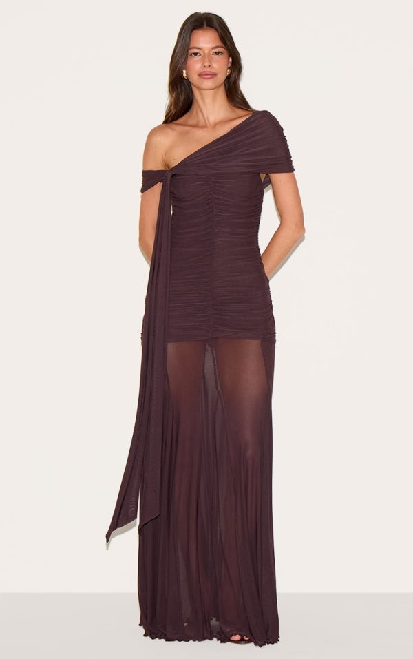 Brown Lined Mesh Bardot Maxi Dress