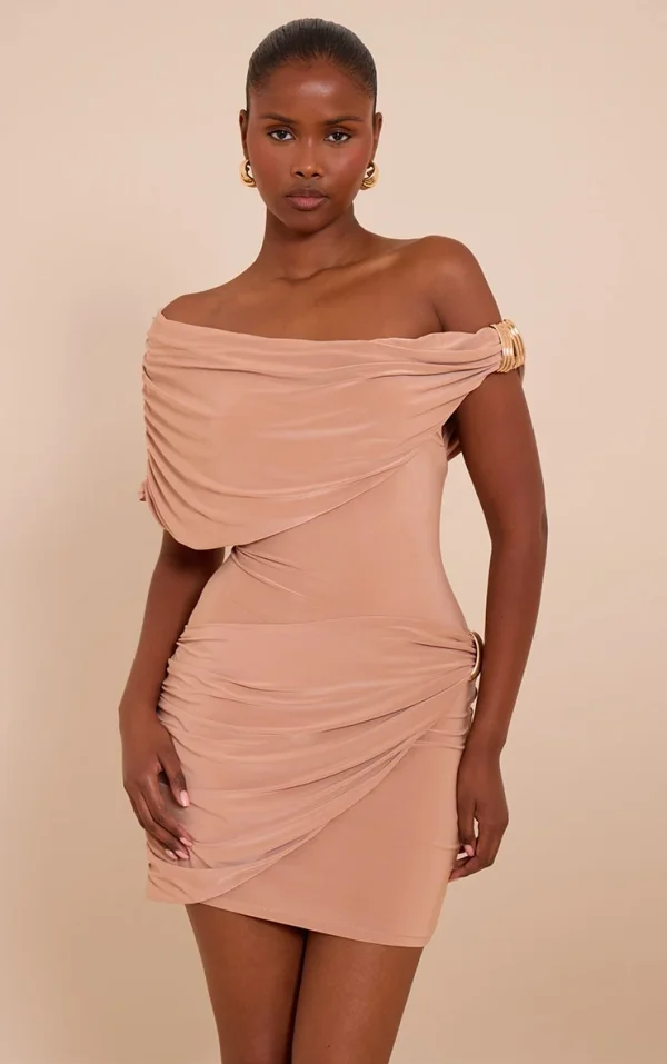 Beige Double Layer Slinky Off The Shoulder Trim Mini Dress