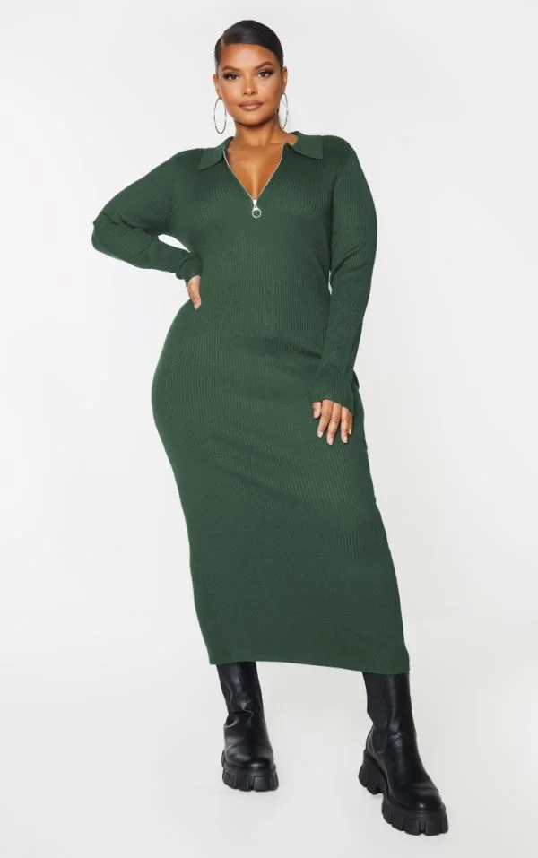 Plus Olive Half Zip Collared Detail Midaxi Dress