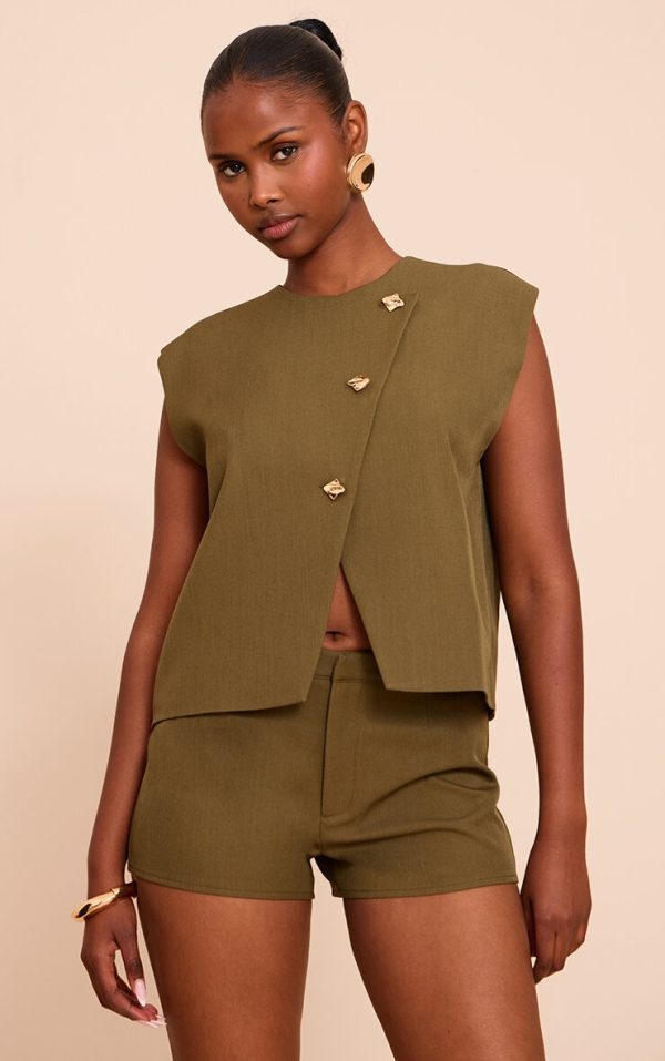 Khaki Gold Trim Oversized Vest