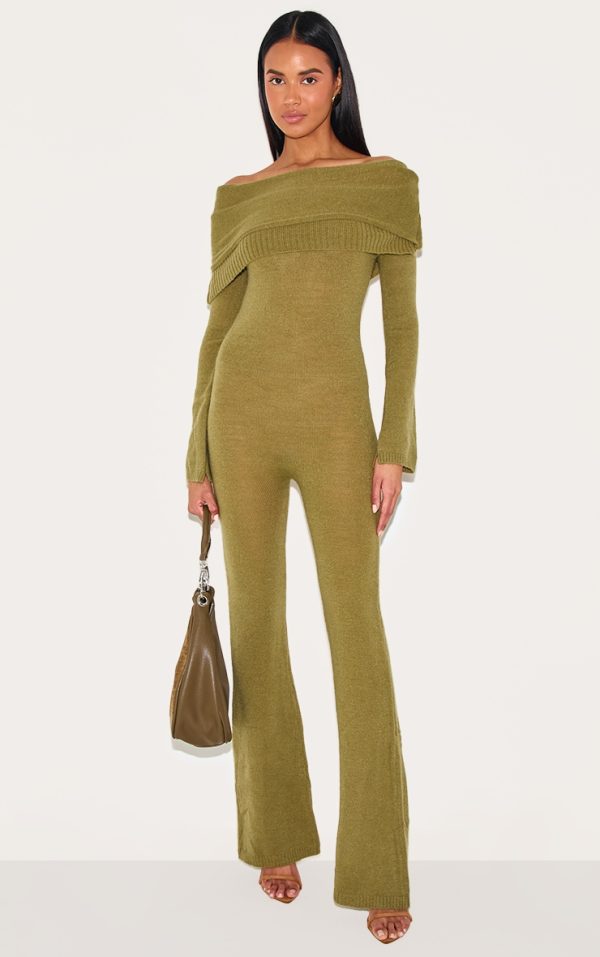 Olive Soft Knit Bardot Foldover Asymmetric Neck Jumpsuit